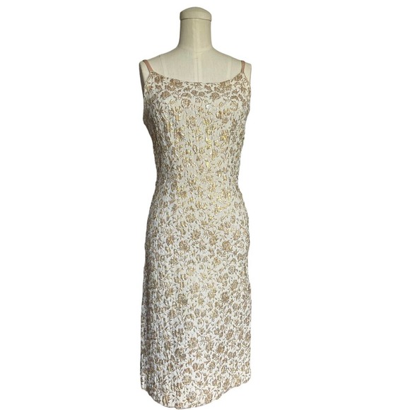 Vintage 50s Gold Silver Jacquard Brocade Wiggle Dress Vest Set Cocktail Pinup - Picture 3 of 14